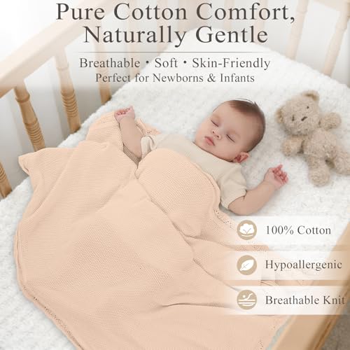 100% Cotton Knitted Baby Blanket, Neutral Cream, 40"x31" - color: Cream
