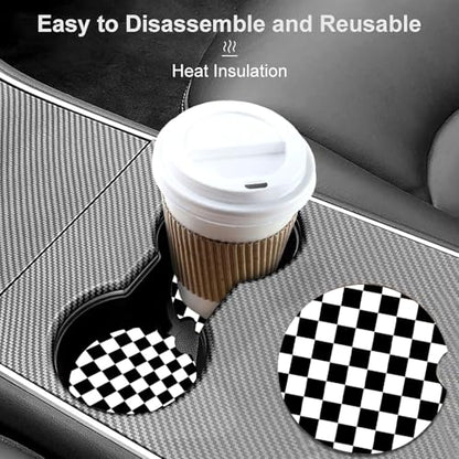2 Pack Black and White Grid Car Cup Holder Coasters Universal Neoprene Mat - color: Buffalo Plaid