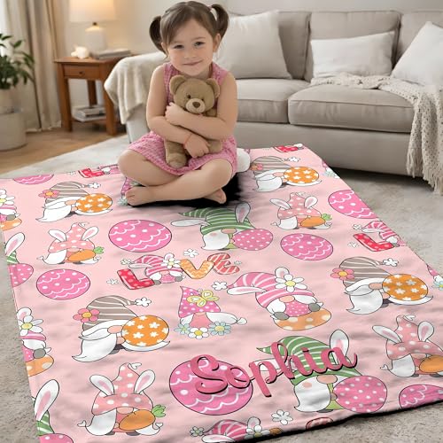 KiKiLuna Personalized Easter Bunny Flannel Throw Blanket, 5 Cartoon Designs, Custom Name Cute Spring Pattern Cozy Gift for Kids - color: Design 10