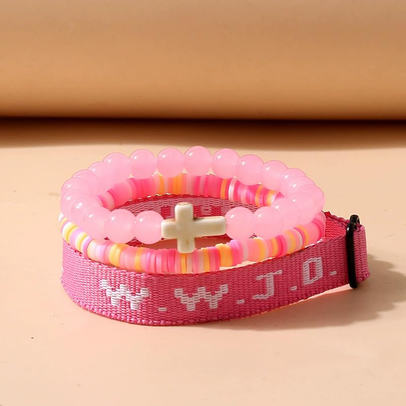 WWJD What Would Jesus Do Christian Stackable Bracelet Set for Women Men, Inspirational Faith Cross Beaded Elastic Wristbands, Religious Bible Verse Jewelry Gift for Church - color: Pink 3pcs