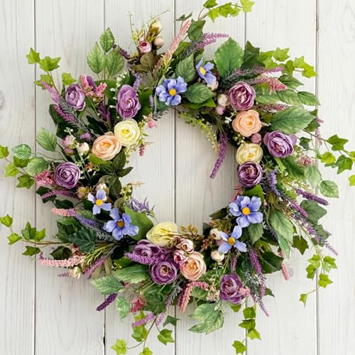24 Inch Spring Summer Wreaths for Front Door - Large Artificial Peony & Lavender Flower Wreath with Grain Spikes - Lush Purple & Pink Wildflower Farmhouse for Porch, Wedding, Wall Decor - color: Purple