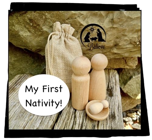 My First Nativity, Four Piece Natural Nativity Wood Dolls, Includes Four Blank Wood Pieces, Mary, Joseph, Baby Jesus and Manger, Christmas Craft, Blank Pegs