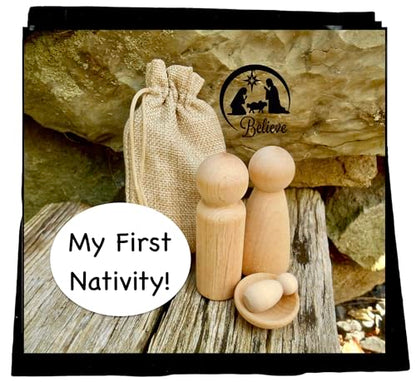 My First Nativity, Four Piece Natural Nativity Wood Dolls, Includes Four Blank Wood Pieces, Mary, Joseph, Baby Jesus and Manger, Christmas Craft, Blank Pegs