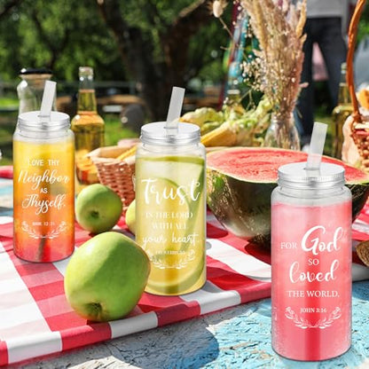 LemonRoad 20 Pack Christian Gift Religious Cups Bulk 13.5 oz Bible Verse Plastic DIY Mason Jar Cups with Straw Lid Reusable for DIY Craft Church Coworker Employee Gift Decoration(English) - style: English