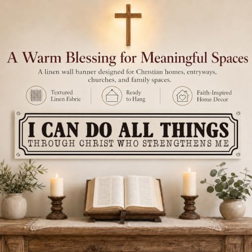 Christian Wall Decor Banner for Home, I Can Do All Things Through Christ Who Strengthens Me Hanging Sign, Bible Verse Farmhouse Entryway Living Room Decor 48x9 Inches - color: color_name13