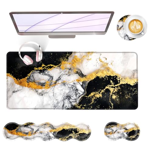 Large Keyboard Mouse Pad Set, Extended Mouse Pad+Keyboard Wrist Rest Support, Memory Foam Ergonomic Easy Typing, 4Pcs (31.5×11.8 in) Desk Pad Set for Office Home,Black and White Gold Marble - color: Black and White Gold Marble