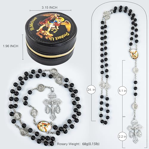 St. Michael the Archangel Catholic Rosary Necklace for Men, 8MM Black Hematite Prayer Beads Packed in Travel Jewelry Box, Rosary Beads Catholic Saints Gifts for Men - color: Black Agate