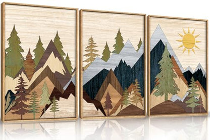 Ausri Boho Mountain Pine Tree Framed Canvas Wall Art Set -16"x24"x3 - color: Boho Mountain Wall Art, size: 16"L x 24"W