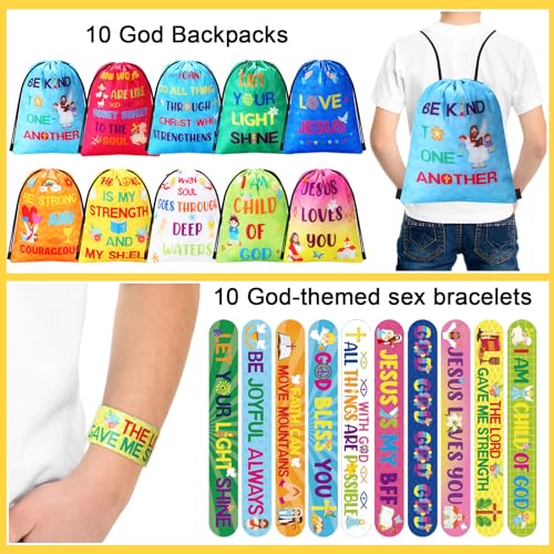 Frienda 20 Pcs Christian Party Favors Includes 10 Bible Verse Drawstring Backpack Bags and 10 Religious Slap Bracelets for VBS Birthday Gifts Church Sunday School Prizes Supplies(Classic) - style: Classic