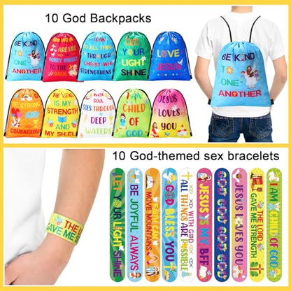 Frienda 20 Pcs Christian Party Favors Includes 10 Bible Verse Drawstring Backpack Bags and 10 Religious Slap Bracelets for VBS Birthday Gifts Church Sunday School Prizes Supplies(Classic) - style: Classic