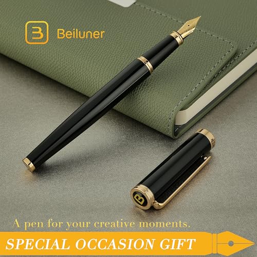 BEILUNER Black Fountain Pen,Stunning Luxury Pens with 24K Gold Accents, Gorgeous 24K Gilded Nib(Extra Fine), Fancy Pen Gift for Men&Women -Ink Converter-Elegant, Reliable,Christmas Presents, Nice Pen - color: Black&Gold, style: Extra Fine Nib
