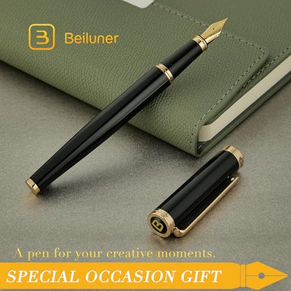 BEILUNER Black Fountain Pen,Stunning Luxury Pens with 24K Gold Accents, Gorgeous 24K Gilded Nib(Extra Fine), Fancy Pen Gift for Men&Women -Ink Converter-Elegant, Reliable,Christmas Presents, Nice Pen - color: Black&Gold, style: Extra Fine Nib