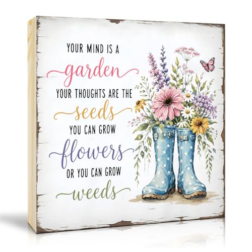 TOUNER Your Mind Is A Garden, Your Thoughts Are The Seeds Wooden Box Sign, Gardening Theme Wooden Box Decor for Home Office Living Room Desk Shelf, Inspirational Gifts for Friends Family Coworker - color: multicolored090
