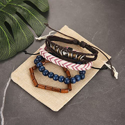 HZMAN Handmade Hemp Cords Wood Beads Leather Bracelets for Men Women - style: Hand-made 4 MIX