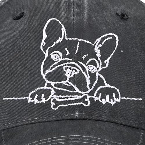 Embroidered Baseball Cap for Women Men Vintage Adjustable Washed Distressed Denim Baseball Hat - color: French Bulldog