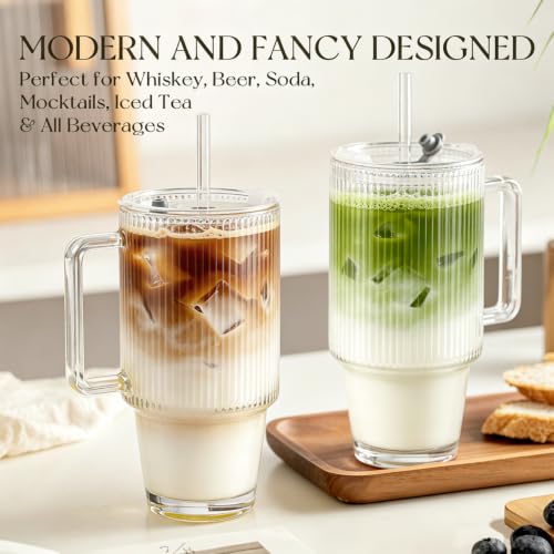KEMORELA 24oz Ribbed Glass Cup with Lid & Straw,Iced Coffee Cup with Handle - color: 24oz--Ribbed