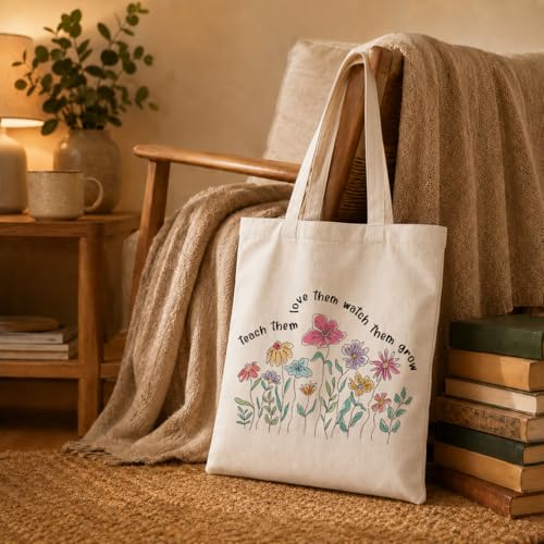 Aesthetic Flower Tote Bags, Teach Them Love Them Watch Grow, Weekend Bag, Beach Travel Bags, Teacher Thank You Gift, Useful Canvas Tote Bag, Meaningful Gifts to Teachers Parents - color: Style 08