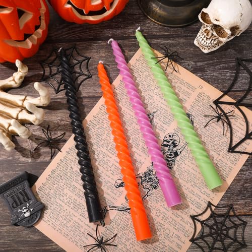 Whaline 8Pcs 10 Inch Halloween Spiral Taper Candles Black Orange Purple Green Dripless Twisted Wax Candles Long Unscented Candle Sticks for Home Party Supplies - color: Halloween