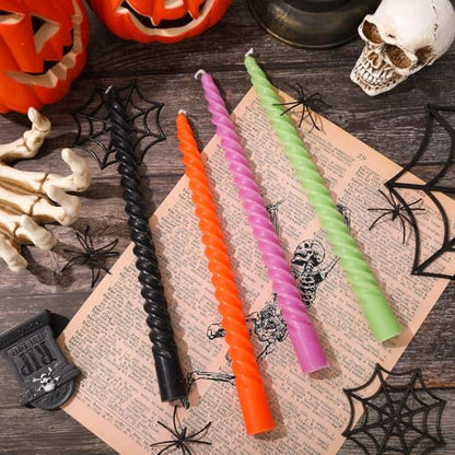 Whaline 8Pcs 10 Inch Halloween Spiral Taper Candles Black Orange Purple Green Dripless Twisted Wax Candles Long Unscented Candle Sticks for Home Party Supplies - color: Halloween