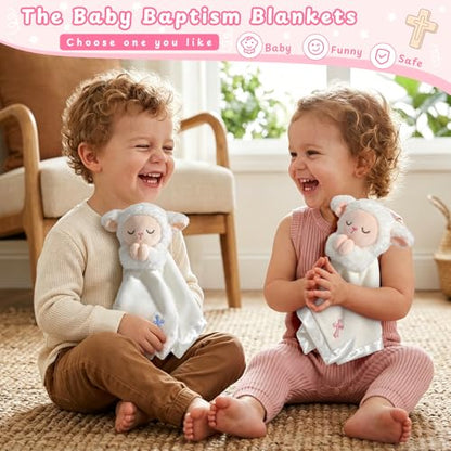 Lamb Baptism Blanket, Lamb Loveys Baptism Gifts for Baby Girls - color: White Lamb Pink Cross