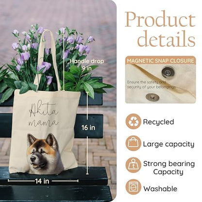 Dog Mom Canvas Tote Bag for Women, Reusable Cotton Shoulder Bag, Dog Lover Gift, Mother’s Day Pet Mom Shopping Tote - color: Akita