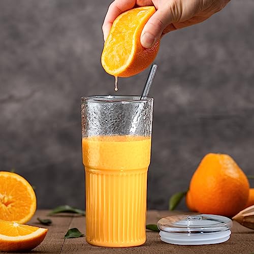 Joeyan 22 oz Glass Tumbler with Straw and Lid for Iced Tea Coffee Smoothie Water Juice Beverages Soda,Clear Borosilicate Glasses Cups,Ribbed Drinking Jar,Set of 2,Dishwasher Safe - color: Clear glass tumbler