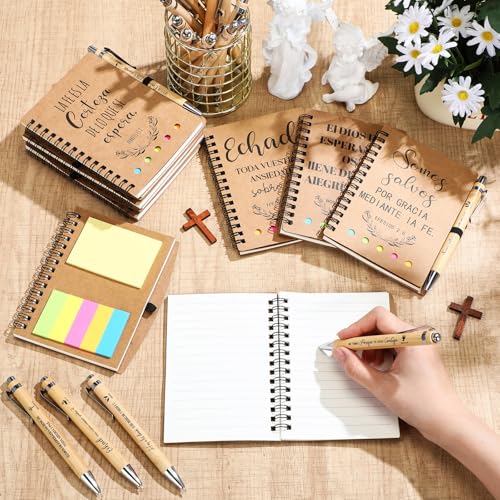 Resurhang 20 Set Spanish Christian Gifts Bulk for Father Religious Notebooks with Bible Verse Pen, Inspirational Spiral Prayer Journal Notepad Church Gifts for Women Men Sunday School (Brown)