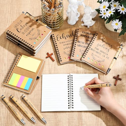 Resurhang 20 Set Spanish Christian Gifts Bulk for Father Religious Notebooks with Bible Verse Pen, Inspirational Spiral Prayer Journal Notepad Church Gifts for Women Men Sunday School (Brown)