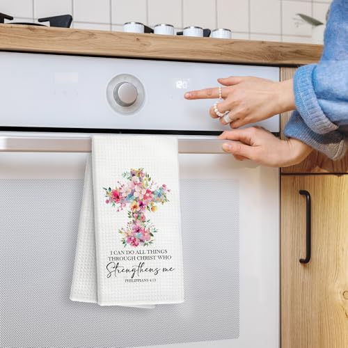 Christian Floral Kitchen Towels, I Can Do All Things Through Christ Bible Verse Flower Hand Dish Towels Decor, Christian Gifts for Women Tea Towel for Kitchen Bathroom Decorative, 16x24 Inch - color: Cross