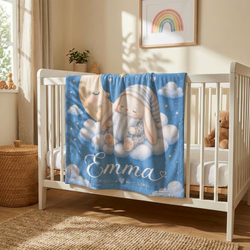 Personalized Baby Blanket With Name, Custom Baby Blankets Gift for Boy Girl - color: Cloud Blue, size: Bunny
