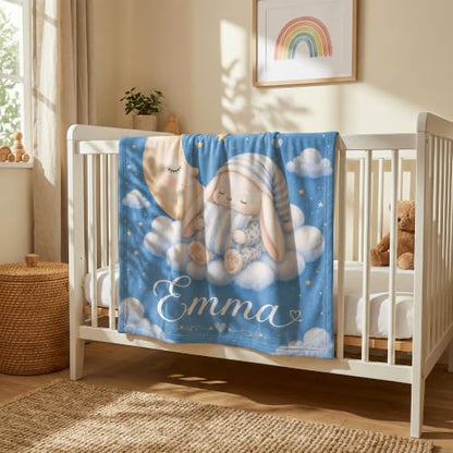Personalized Baby Blanket With Name, Custom Baby Blankets Gift for Boy Girl - color: Cloud Blue, size: Bunny
