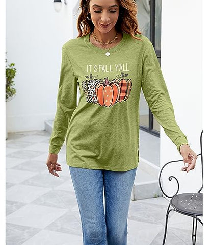 Womens Pumpkin Graphic Sweatshirts Crewneck Casual Fall Long Sleeve Tops - color: Green, size: XX-Large