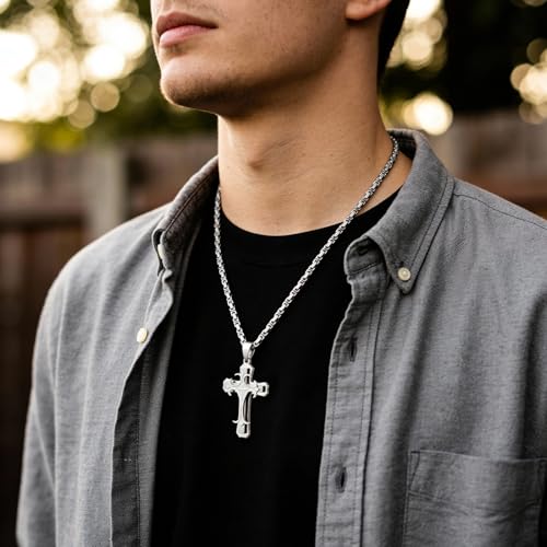 MEALGUET Stainless Steel Crucifix Cross Pendant Necklace,Men's Cross Necklace with Chunky Byzantine Chain/Rolo Chain, Gift for Men - style: Silver-byzantine chain