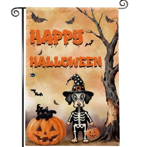 Halloween Dachshund Garden Flag for Skeleton Dog Outside Decor 12x18in - color: Black Dog & Black Cat