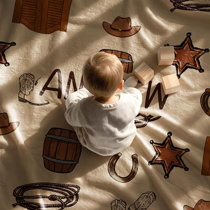 Personalized Personalized Cowboy Baby Blanket, Cowboy Hat Boots Quilt Pattern Design, Custom Name Toddler Kids Throw, Ranch Nursery Decor, Baby Gift Idea - color: Cowboy Baby Blanket#1