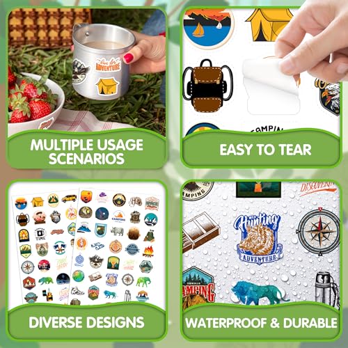 LINAYE 24 Sheets Travel Camping Stickers for Adults Kids, 960 PCS Nature Camp Stickers Waterproof Self Adhesive for Travel Bags Water Bottles, Camping Party Favors Supplies Rewards for Classroom - style: Camping 24 Sheets
