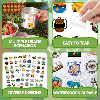 LINAYE 24 Sheets Travel Camping Stickers for Adults Kids, 960 PCS Nature Camp Stickers Waterproof Self Adhesive for Travel Bags Water Bottles, Camping Party Favors Supplies Rewards for Classroom - style: Camping 24 Sheets