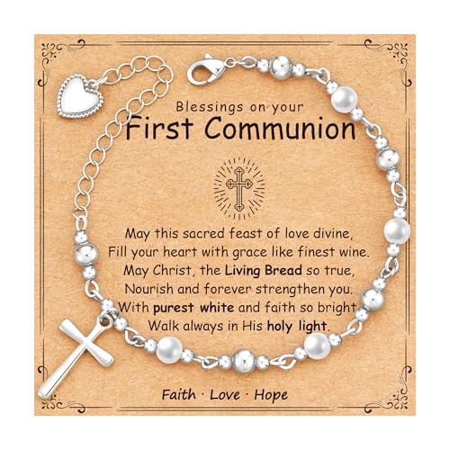 First Communion Confirmation Baptism Godmother Gifts for Teen Girls Women, Catholic Christian Cross Pearl Bracelet - color: Silver, size: First Communion