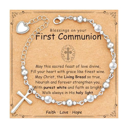 First Communion Confirmation Baptism Godmother Gifts for Teen Girls Women, Catholic Christian Cross Pearl Bracelet - color: Silver, size: First Communion