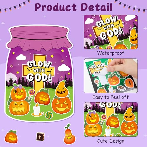 CY2SIDE Pumpkin Religious Jar Scene Sticker - 12 Set Halloween Christian Cross Sticker, Make a Pumpkin Jar Scene for Sunday School Rewards Activities - style: Pumpkin jar