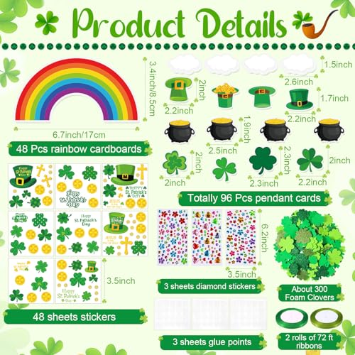 Funrous 48 Sets Crafts Kit Paper Crafts DIY Make Your Own Hanging Ornaments with Pompoms Diamond Stickers for Holiday Classroom Activities Party Favors, St. Patrick's Rainbow - style: St. Patrick's Rainbow