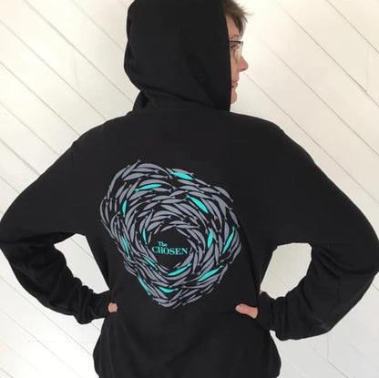 The Chosen Against The Current Hoodie – Unisex Fleece Sweatshirt | Faith Symbol Thirteen Fish Design | TV Series Inspired - color: Black, size: Medium