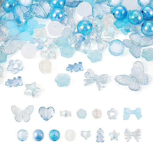 FASHEWELRY Assorted Blue Acrylic Beads Transparent Heart Butterfly Bowknot Flower Beads Gummy Chunky Cute Pony Bead Bulk for Bracelets Necklaces Key Chains Jewelry Making, 80pcs - color: Deep Sky Blue Beads