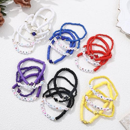 24Pcs Jesus Loves You Bracelets Bulk Handmade Clay Beads Bible Verse Bracelets Christian Friendship Jewelry Christmas Easter Gifts for Women Teen - color: Jesus 24-3