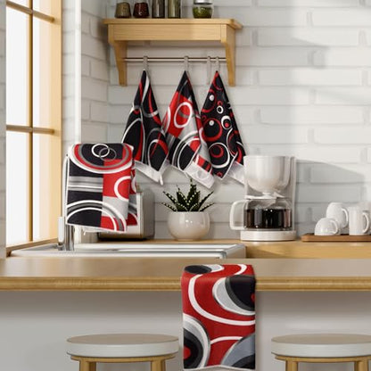 Boyiee Set of 6 Red Black Grey White Kitchen Towels Modern Geometric Decor - color: Black and Red