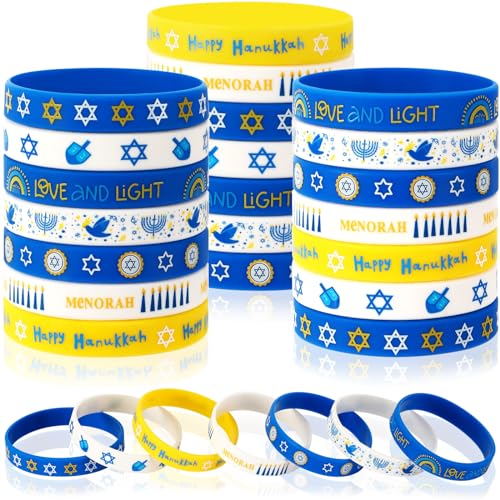 JUNEBRUSHS 42Pcs Hanukkah Party Favors Bracelets Chanukkah Wristbands Gift - style: Hanukkah Style