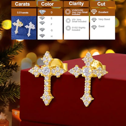 Moissanite Cross Earrings Sterling Silver Cross Stud Eearrings D Color VVSI Moissanite Stud Earrings Crucifix Jewelry Gift - color: Gold-0.5CT