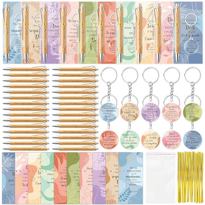 ANGOLIO 230 Spanish Christian Colorful Boho Religious Gifts Bulk Easter Gift Regalos Cristianos En Español Bible Verse Bamboo Pen Keychain Bookmark Inspirational Gift for Women Men VBS Church Favor - style: Colorful Boho