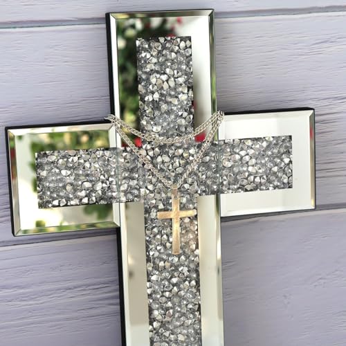 GIMORRTO Cross Wall and Table Decor, Glass Mirrored Surface, Modern Style, Religious Theme, Silver, 15 x 5 Inches, Indoor (15")