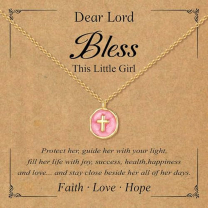 Gold Enamel Mini Cross Necklace Tiny Mother of Pearl Cross Necklace Religious Christian Gift for Baptism First Communion Christmas - color: bless this girl cross necklace-pink